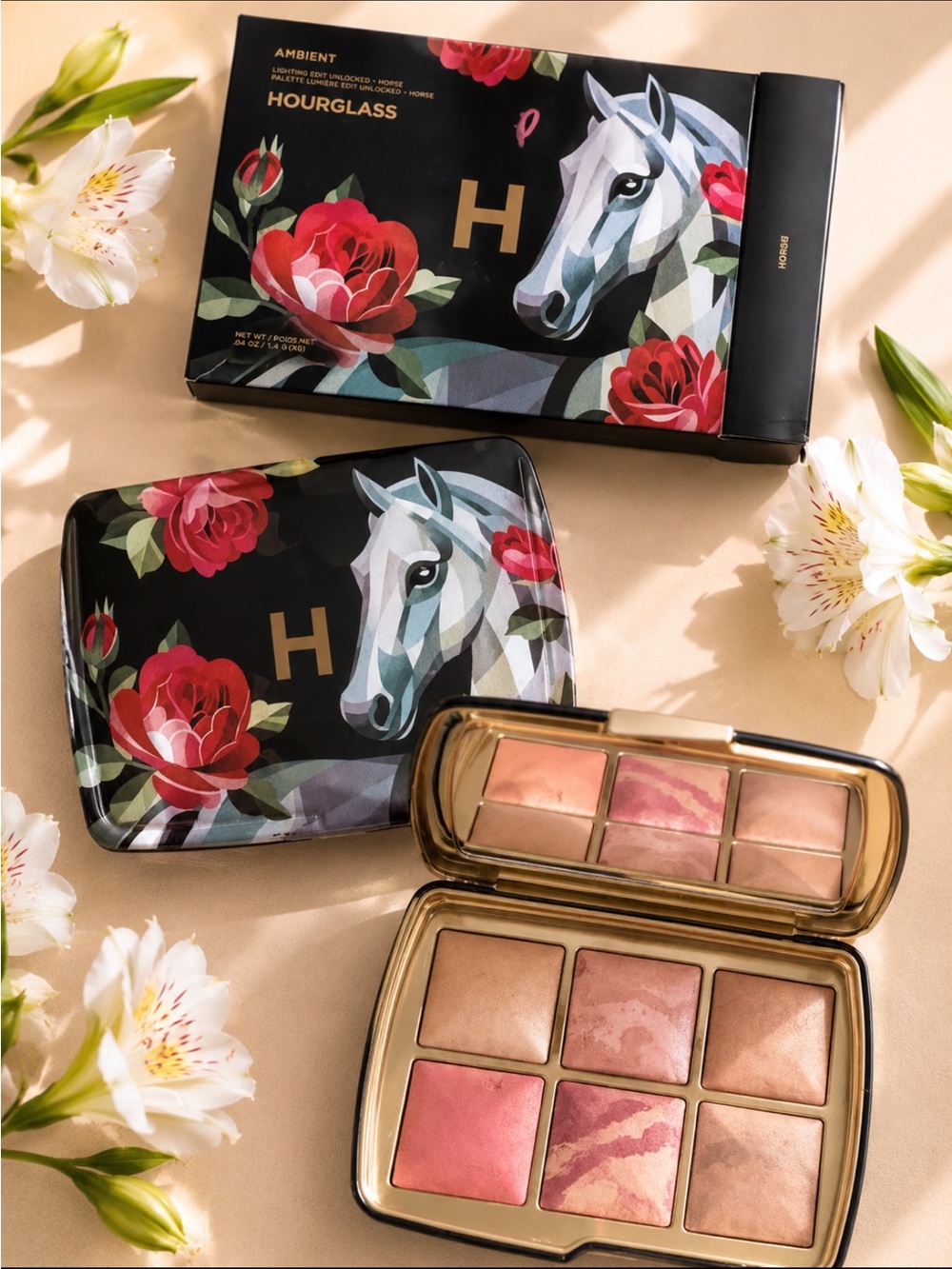 Hourglass Compact in Black with Red Roses and White Horse Motif